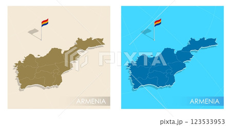 Armenia country flag installed on geographic positioning map point of country territory. Armenian commonwealth banner on land and sea. Festive patriotic HD format template for independence day Armenia country flag installed on geographic positioning map point of country territory. Armenian commonwealth banner on land and sea. Festive patriotic HD format template for independence day 123533953