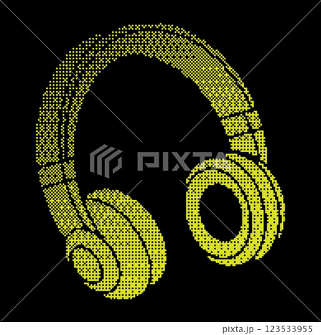 Pixel headphones silhouette icon. Wireless over ear headphones with comfortable ear pads and soft headband. Portable gadget for playing music. Simple black and yellow vector isolated on black 123533955