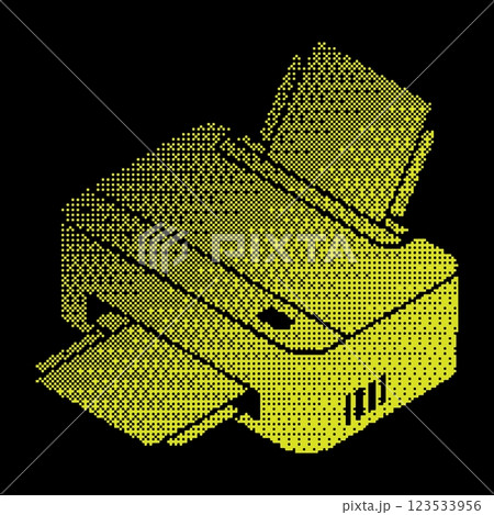 Pixel Inkjet printer silhouette icon. Inkjet printer. Printing documents in office using copiers. Simple black and yellow vector isolated on black Pixel Inkjet printer silhouette icon. Inkjet printer. Printing documents in office using copiers. Simple black and yellow vector isolated on black 123533956