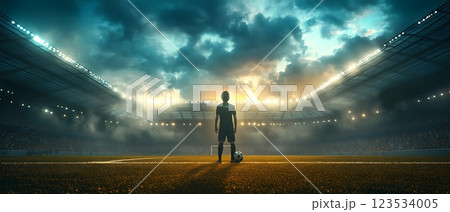 Soccer player standing alone on field before an important night match starts 123534005