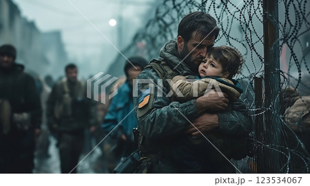 Soldier holding a child near barbed wire, symbolizing protection in a war zone Soldier holding a child near barbed wire, symbolizing protection in a war zone 123534067