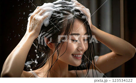 シャンプーをする女性（AI生成画像） 123534122
