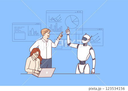 Business meeting of robot and office employees discussing plans to achieve financial goals 123534156