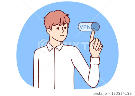 Man presses VPN button to remain invisible on internet and maintain privacy online surfing 123534159