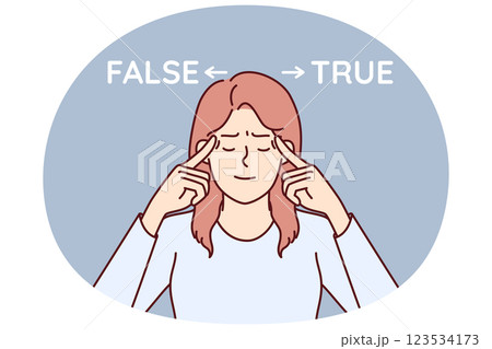 Woman near inscriptions false and true reflects trying to choose from two options and make decision 123534173