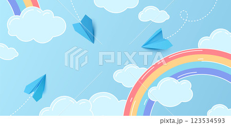 3D paper planes fly through cartoon clouds 123534593