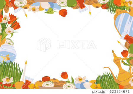 International Day of Nowruz card with a bridge for text. Iranian New Year is a holy day and religious holiday for Zoroastrians and Baha'is. Mirror, green grass, sweets, candles, flowers. Vector. 123534671