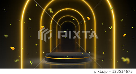Black luxury podium with arches and confetti 123534673