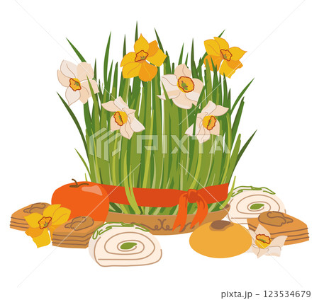 The most beautiful symbol of the Iranian table Haft Sin - green grass. Spring sprouts of wheat, a symbol of life and freshness for the Persian New Year. Flowers and sweets on the day of Nowruz. 123534679