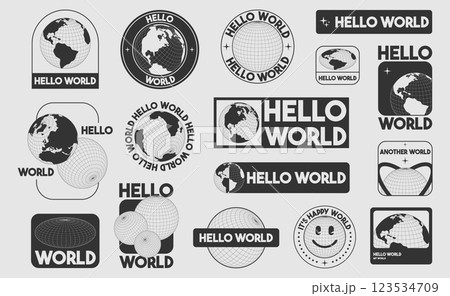 Y2k globe stickers with Hello World text Y2k globe stickers with Hello World text 123534709