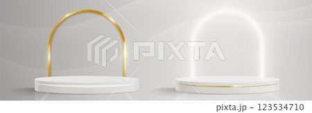 Round podium and arch set on white background Round podium and arch set on white background 123534710