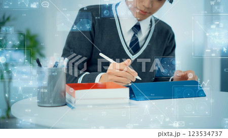タブレットを使って勉強する学生とデジタルデータイメージ 123534737