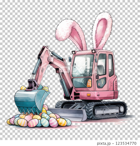 Festive Pastel Pink Easter excavator with bunny ears and a bucket full of colorful eggs, perfect for holiday-themed designs and construction enthusiasts. 123534770