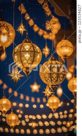 Golden Lights of Ramadan Hanging Lantern Celebration 123534827