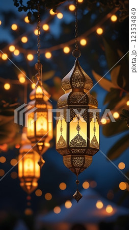 Warm Glow of Ramadan Lanterns in a Starry Evening 123534849
