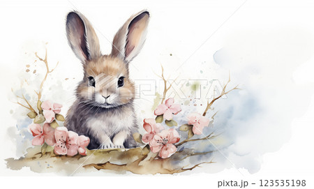 Watercolor Easter  bunny with soft fur sitting among blooming spring flowers on delicate background. 123535198