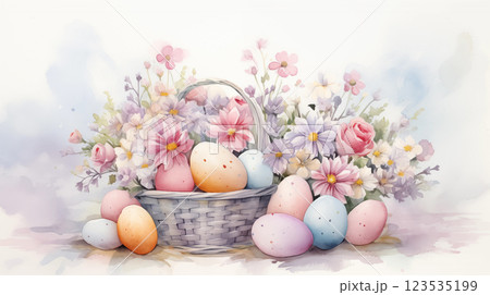 Watercolor Easter basket with pastel-colored eggs and blooming spring flowers on a soft background. 123535199