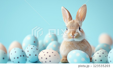 Adorable Easter bunny sitting among pastel blue and white speckled eggs on a soft turquoise background. Adorable Easter bunny sitting among pastel blue and white speckled eggs on a soft turquoise background. 123535203