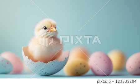 Adorable baby chick hatching from a speckled blue eggshell among pastel Easter eggs on a soft turquoise background. 123535204