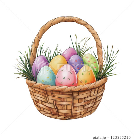Watercolor Easter basket filled with colorful decorated egg sisolated on white background. 123535210
