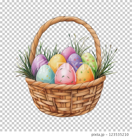 Watercolor Easter basket filled with colorful decorated egg sisolated on white background. 123535210