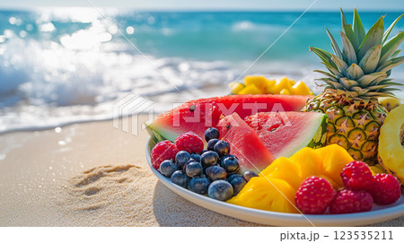 Vibrant fruit platter with watermelon, pineapple, mango, raspberries, and blueberries on a sandy beach with ocean waves in the background. 123535211