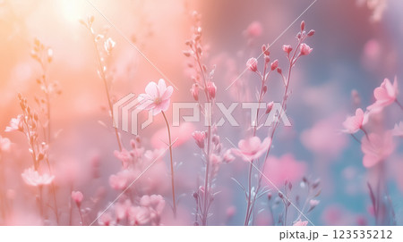 Dreamy pink wildflowers in soft sunlight with a pastel blurred background. 123535212