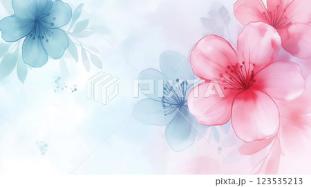 Watercolor floral background with delicate pink and blue blossoms on a soft pastel backdrop. 123535213