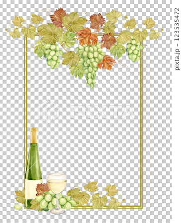 Watercolor vertical frame with grapes, wine bottle and glass. Illustration of grapevine, green berries and leaves. Frame for white wine, jam, juice label. Clipart for wine, cafe, restaurant. 123535472