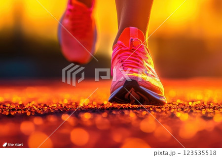 Close up view of runners legs in starting position under bright light during a morning run 123535518
