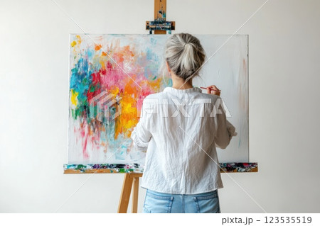 Woman creates vibrant artwork with first brushstroke in a warm studio environment 123535519