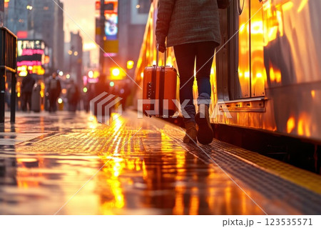 Person steps onto urban platform in vibrant city after train arrival 123535571