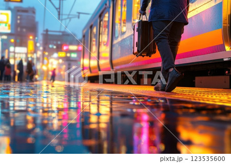 Stepping off a train into the vibrant atmosphere of a new city late in the day 123535600