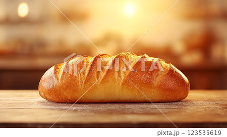 freshly baked bread on wooden table with blur background 123535619