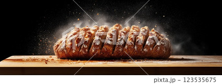 Rustic sourdough loaf sliced on a wooden cutting board showcasing delicious crust and texture 123535675