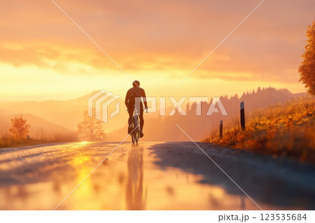Cyclist readies for first long ride on a country road during a beautiful sunrise 123535684