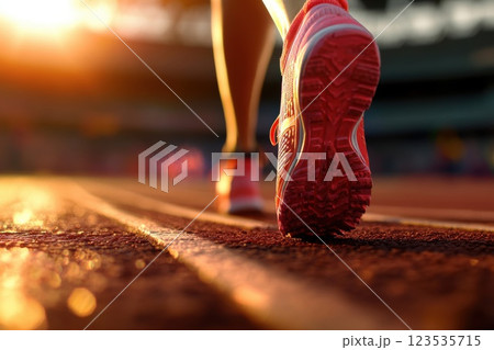Runner prepares for sprint at stadium start line in bright sunlight 123535715