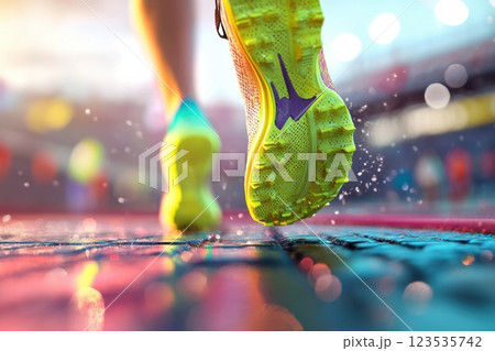Runner prepares for race in low start position on stadium track under bright light 123535742