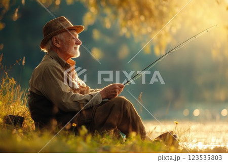 Elderly man prepares to cast fishing rod by calm riverbank during golden hour 123535803