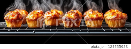 Freshly baked muffins cool on a rack releasing warm steam in a cozy kitchen setting Freshly baked muffins cool on a rack releasing warm steam in a cozy kitchen setting 123535928