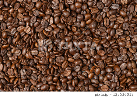Decaffeinated coffee beans roasted close up top view 123536015