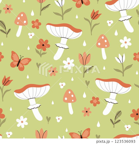 Summer seamless pattern with mushrooms, flowers, butterflies and raindrops. Vector graphics. Summer seamless pattern with mushrooms, flowers, butterflies and raindrops. Vector graphics. 123536093