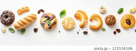 Beautifully arranged assortment of cookies and pastries on parchment paper for casual enjoyment 123536106