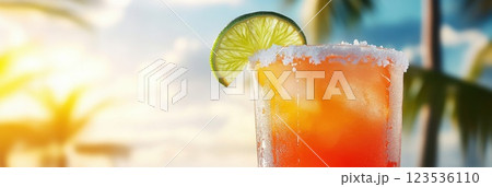 Vibrant cocktail with salted rim and lime wedge set against a sunny beach background 123536110