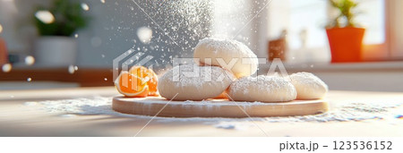 Flour sifting capturing the art of dough preparation in a bright kitchen setting Flour sifting capturing the art of dough preparation in a bright kitchen setting 123536152