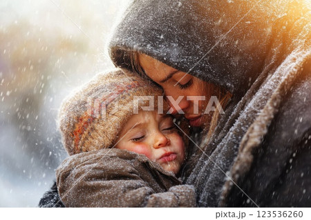 Woman comforts crying child in emergency shelter during winter storm 123536260