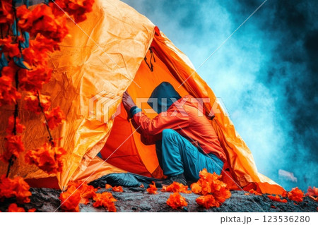 Young man sets up temporary tent in disaster area under overcast sky Young man sets up temporary tent in disaster area under overcast sky 123536280
