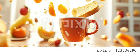 Breakfast elements floating in mid air above a coffee cup against a bright background Breakfast elements floating in mid air above a coffee cup against a bright background 123536296