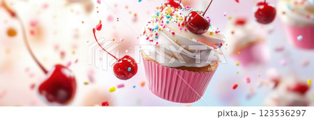 Floating cupcake elements with frosting sprinkles and cherries in a bright setting Floating cupcake elements with frosting sprinkles and cherries in a bright setting 123536297