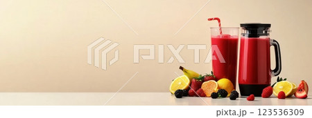 Smoothie preparation with fresh fruits and a blender on neutral background Smoothie preparation with fresh fruits and a blender on neutral background 123536309